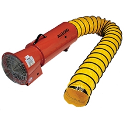 Allegro Industries Models 9514, 9514-25, 9514-E, 9514-25E, 9506-01 and 9506-25 Confined Space 8" Steel Axial Blower w/15' or 25' Duct (1/3 Hp, AC or DC, 50Hz or 60Hz, 1275 CFM @ Outlet)